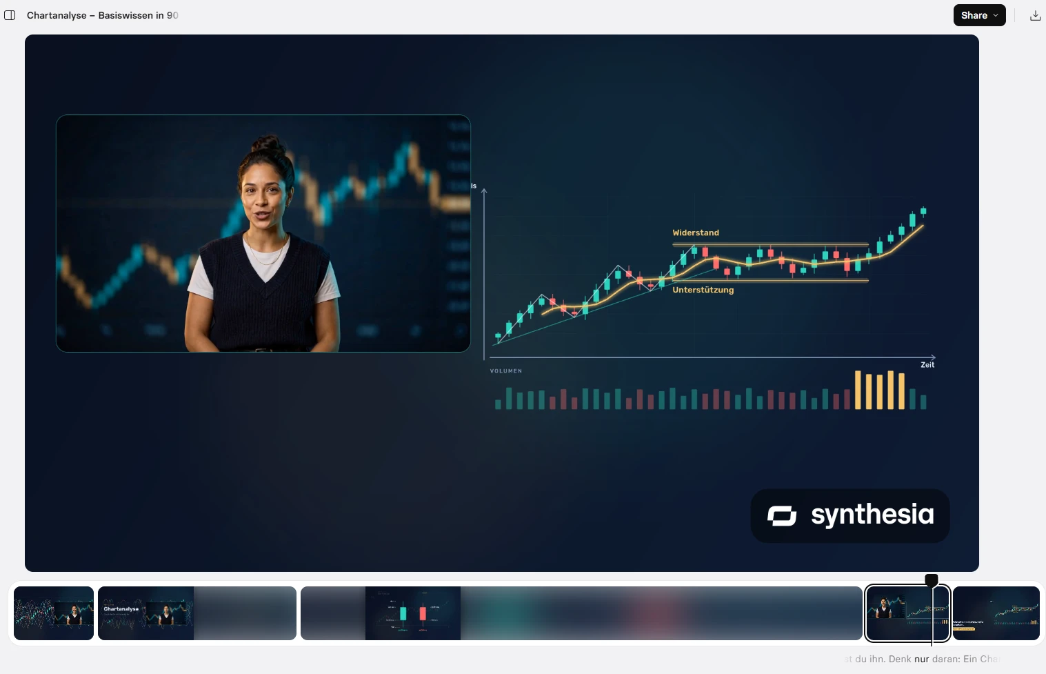 Synthesia-Editor mit unserem Testvideo: KI-Avatar neben einem Chart, darunter die Szenen-Zeitleiste und der gesprochene Text