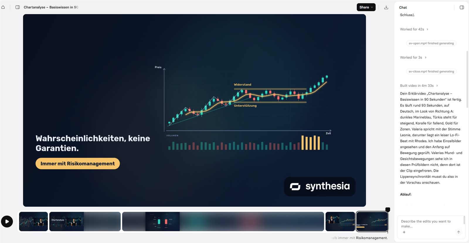 Synthesia-Editor mit unserem Testvideo: Chart mit Widerstand und Unterstützung, rechts der Chat-Assistent mit der Meldung „Built video in 4m 33s“